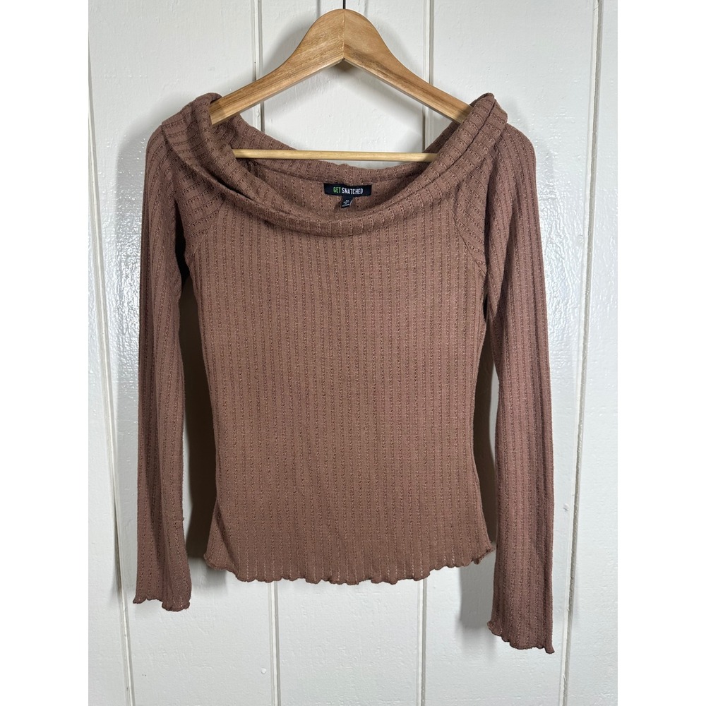 Get Snatched Top Women M Brown Mauve Off Shoulder Ribbed Knit Lettuce Trim 7697